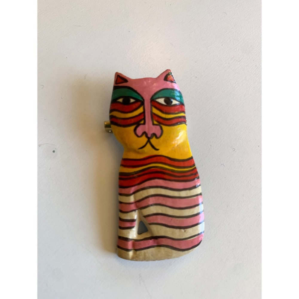 Vintage Hand Painted Wood Cat Brooch Pin Striped Folk Art Multicolored Whimsical